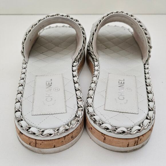 Chanel White Leather CC Chain Slides Cork Platform US 8 / EU 38 - Picture 4 of 6